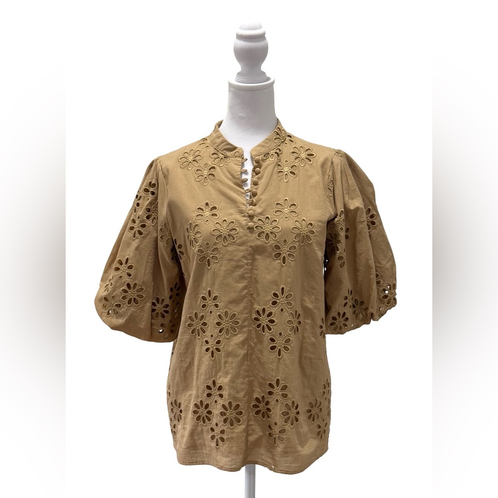 NWT Ann Taylor Pleated Sleeve Popover embroidered brown top size small tall